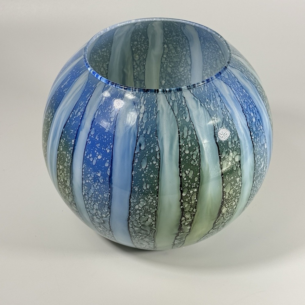 Vintage Art Glass, Hand Blown Rose Bowl Vase, Blue Green Watercolor‎ 7" - Picture 8 of 11